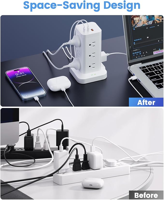 Power Strip Tower with Surge Protector 1800J, Fast Charging Tower PD20W USB-C - Image 5