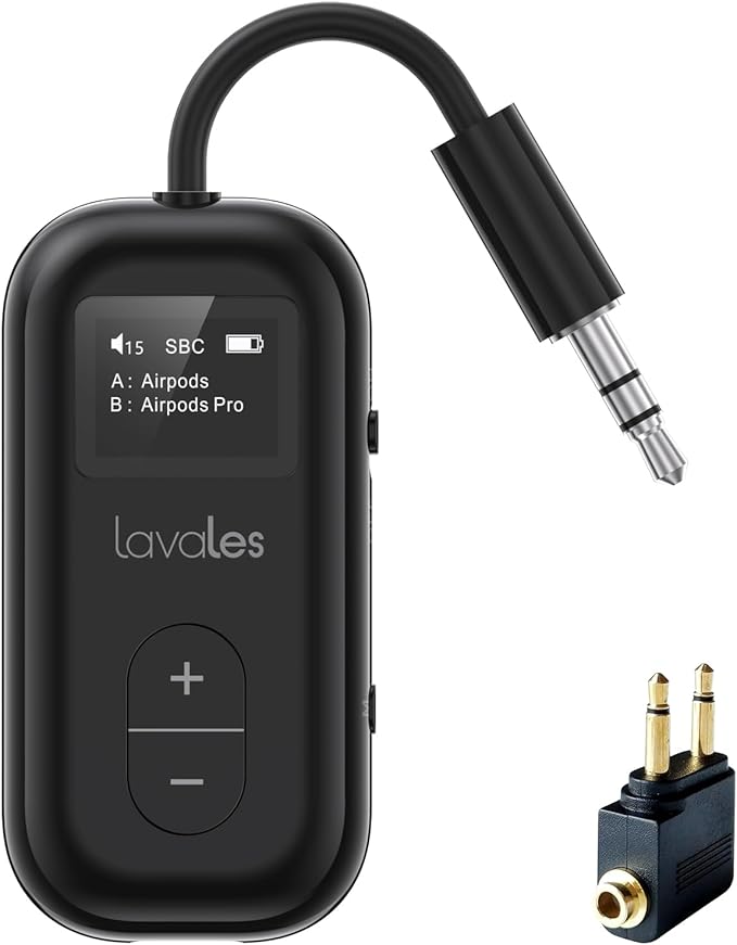 SafeFly Dual Bluetooth Transmitter, 3.5mm AUX Wireless Audio Adapter W/Screen by WirelessAudioLiveFree