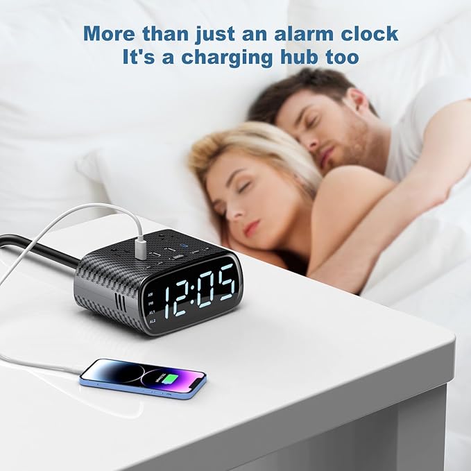 Sussex Alarm Clock with 2 USB-C, 2 USB-A Chargers Power Strip 2 Outlets - Image 2