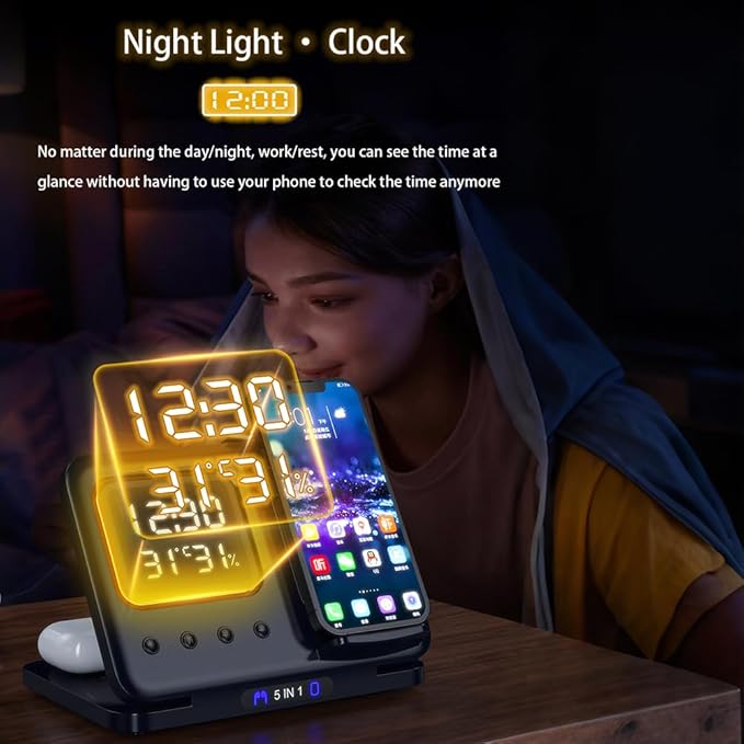 IHAO 5in1 Multi Functional Wireless Charging Station Digital Clock 15W Fast - Image 4