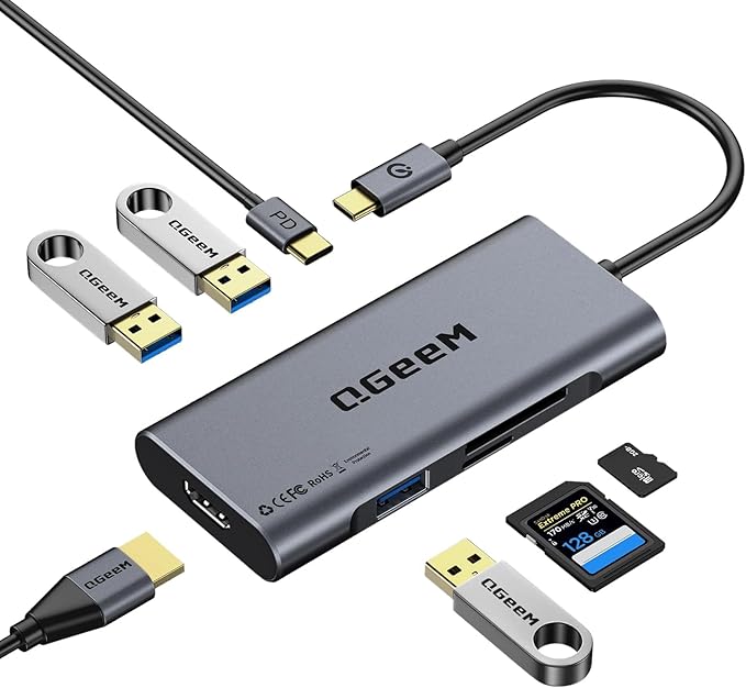 USB C Hub, QGeeM USB 4k to HDMI Adapter, 7 in 1 USB-C Dongle by Redaw