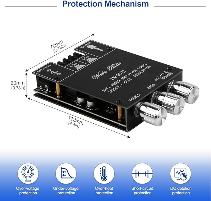 ZK-502T Power Amp Bluetooth 5.0 Audio Amplifiers Board 2.0 Channel 50W+50W AUX - Image 6