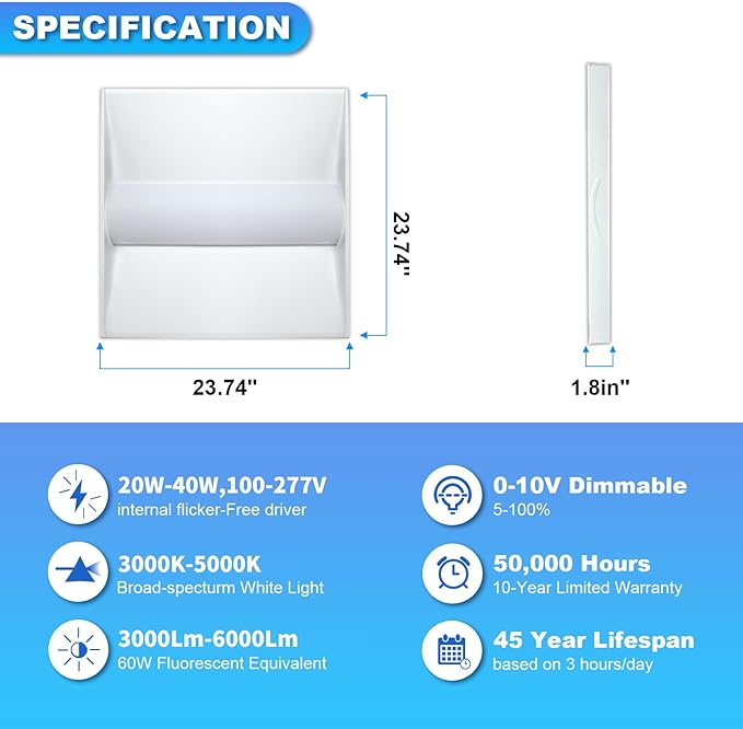 Cortelco 2x2 LED Troffer Light-20W/25W/30W/35W/40W, 4 CCT Selectable - Image 2