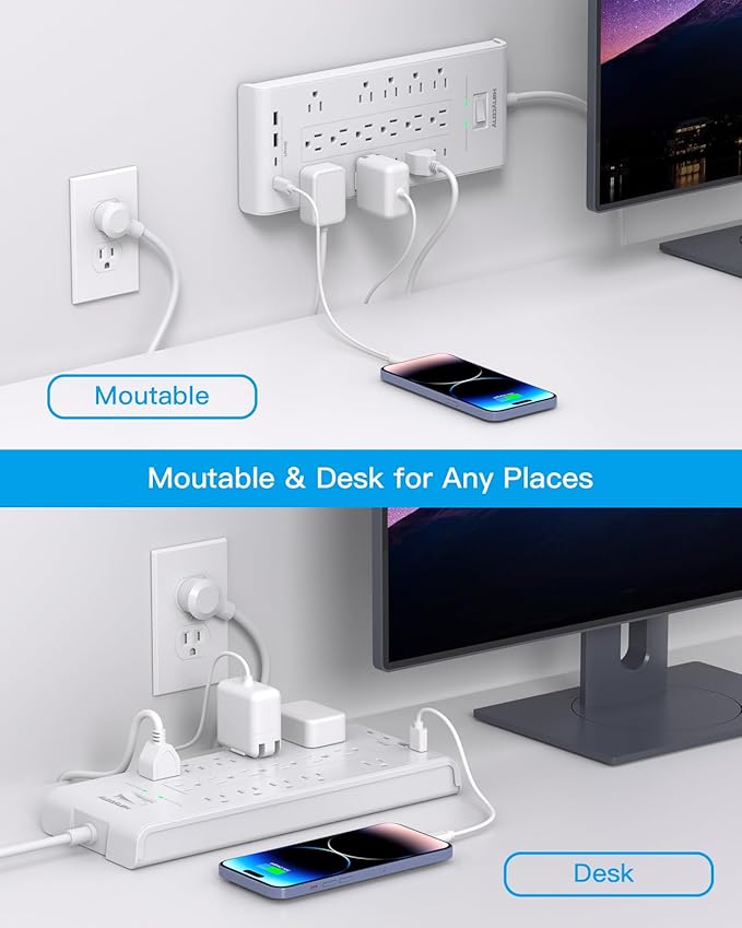 HANYCONY Surge Protector Power Strip 10 Ft, 16 Outlets 4 USB Ports, Flat Plug - Image 5