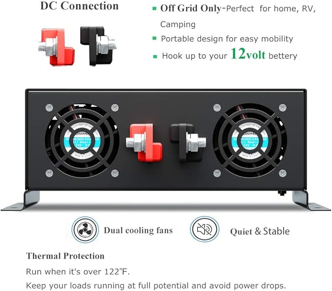 WZRELB 4000W 12VDC 120VAC Pure Sine Wave Power Inverter, 2 AC Outlets, Wired - Image 4