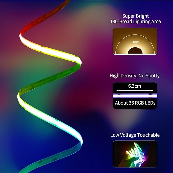 BUNACET 40ft COB RGB+IC LED Strip Lights, Bright Dream Color COB LED Light Strip - Image 5