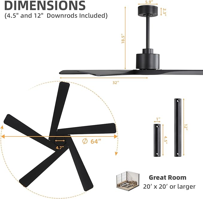 WINGBO 64" ABS DC Ceiling Fan No Light, 5 Blade ABS Plastic Ceiling Fan - Image 3