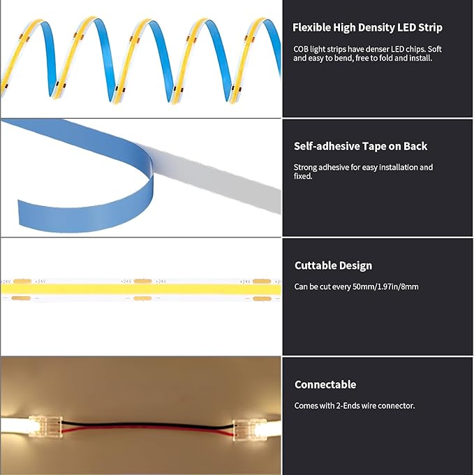 BUNACET COB LED Strip Light 40ft/12m Warm White 3000K High Lumen CRI 90+ - Image 5
