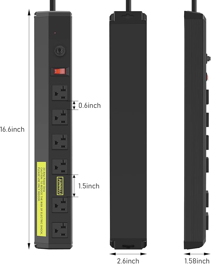JUNNUJ Heavy Duty 20 Amp Power Strip 2 Pack, High Amp Surge Protector 6 Outlet - Image 7
