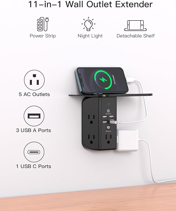 Wall Outlet Extender with Shelf and Night Light, Surge Protector, USB Wall - Image 2