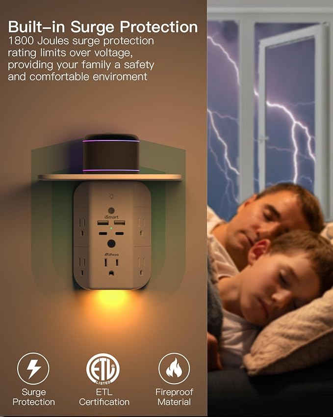 Wall Outlet Extender with Shelf and Night Light, Surge Protector, USB Wall - Image 6