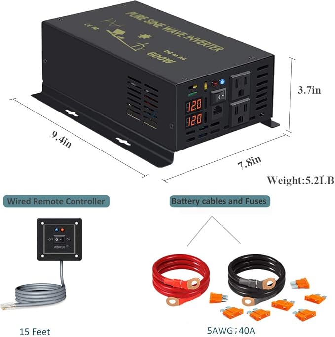 WZRELB 600W 12V 120V Pure Sine Wave Power Inverter - Image 6