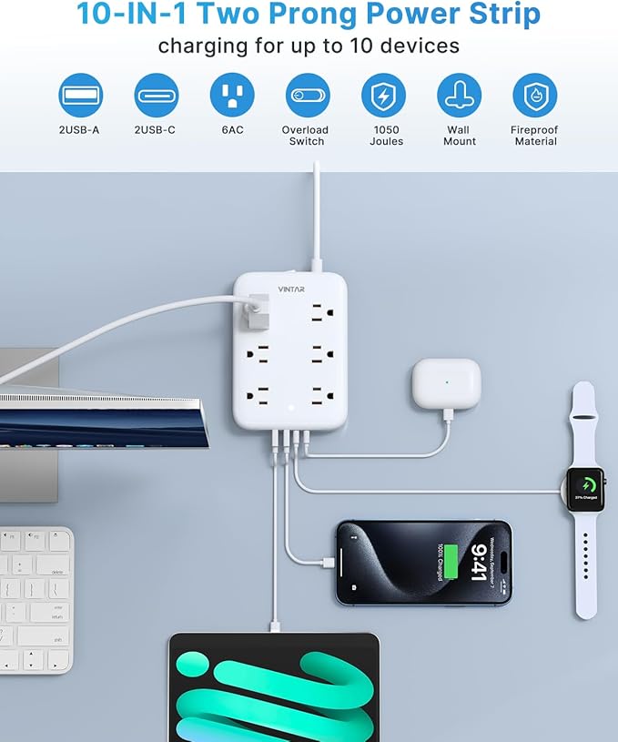 2 Prong Power Strip, VINTAR 2 Prong to 3 Prong Outlet Adapter, 6ft Extension - Image 4
