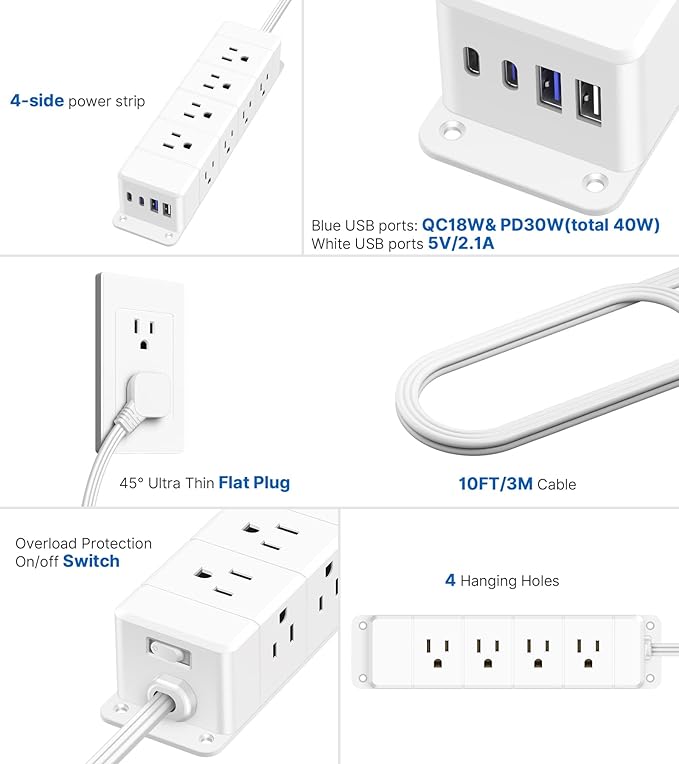 30W USB C Power Strip Surge Protector, 4 Side 12 Outlets Desk Power Strip - Image 8