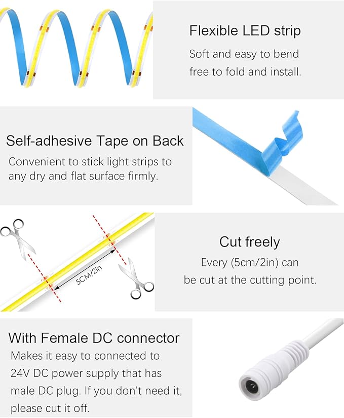 ALITOVE 32.8ft COB Led Strip Light White 6500K Super Bright 24V LED Strip Lights - Image 5