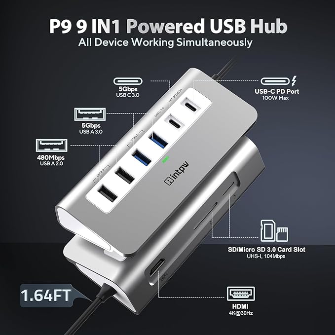 P9 USB C Hub, intpw 9-in-1 USB C Hub Multiport Adapter - Image 2