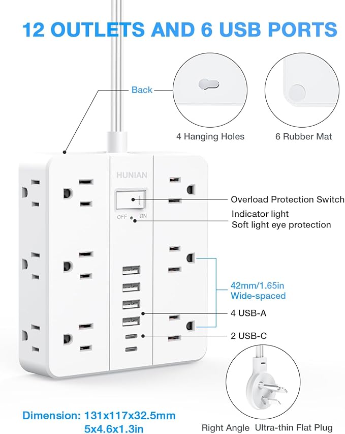 Extension Cord 25 Ft, HUNIAN Flat Plug Power Strip Surge Protector, 12 Widely - Image 7