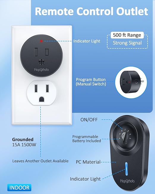 HAPYTHDA Wireless Remote Control Outlet Plug, No Wiring Needed Remote Light - Image 7