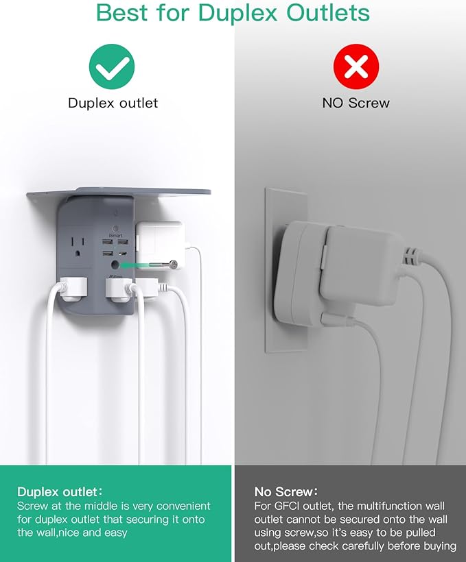 Wall Outlet Extender with Shelf and Night Light, Surge Protector, USB Wall - Image 6