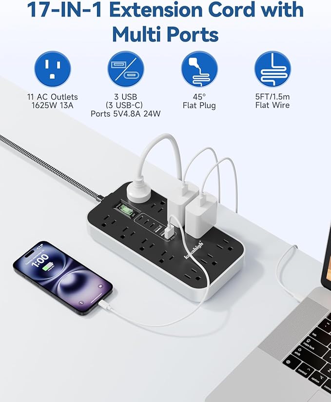 25 FT Extension Cord with USB Ports- Power Strip with USB, 1625W Multi Outlet - Image 3