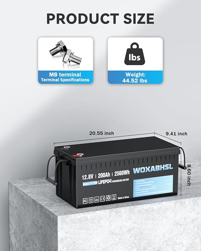 WOXABHSL 4 PCS 12V 200Ah LiFePO4 Lithium Battery, Built-in 200A BMS, 15000+ - Image 2