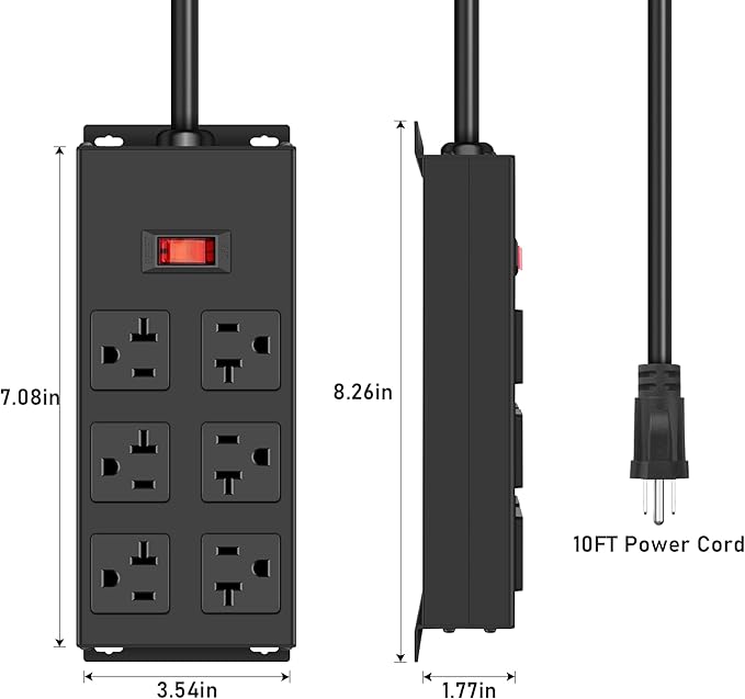 JUNNUJ 20 Amp Power Strip Heavy Duty 2 Pack, Garage 6 Outlets Metal 12 Gauge - Image 2