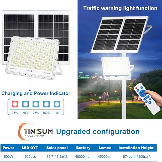 TINSUM 500W Solar Led Flood Lights Outdoor, 28000 Lumens Solar Security Street - Image 4