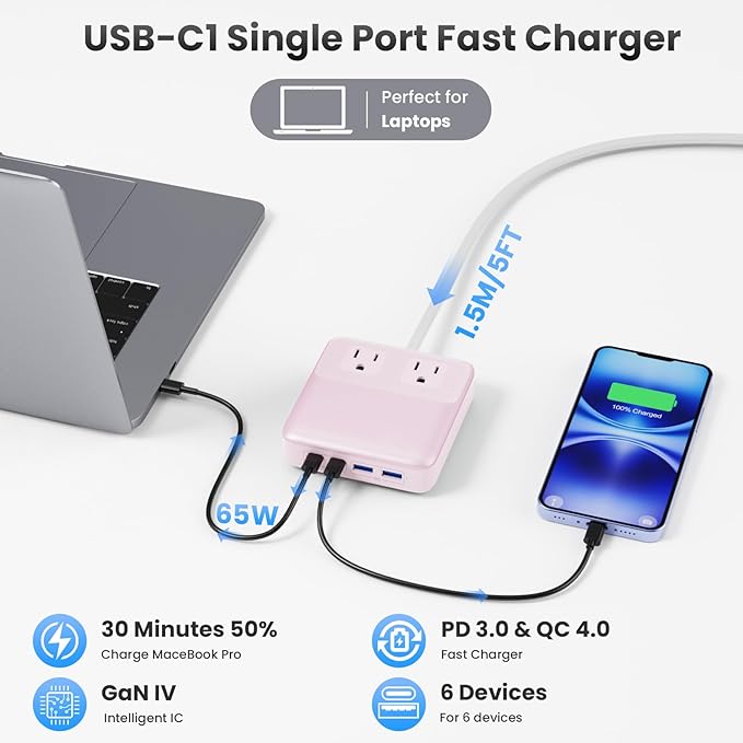 135W Charging Station USB C Power Strip, 6-in-1 GaN USB C Charger Block - Image 4