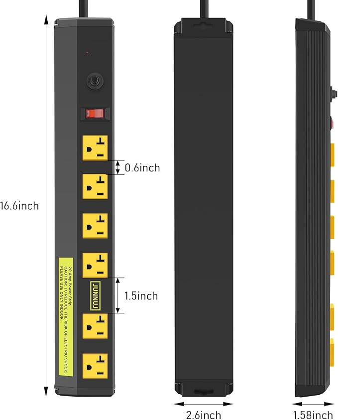 JUNNUJ Heavy Duty Metal Power Strip 20 Amp, High Amp Surge Protector 6 Outlet - Image 2