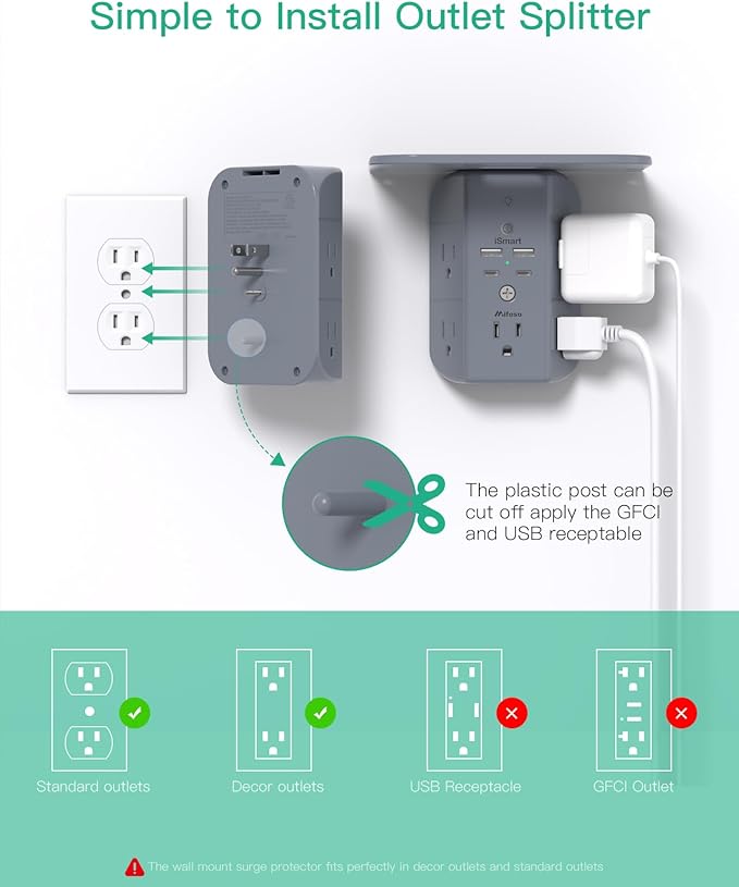 Wall Outlet Extender with Shelf and Night Light, Surge Protector, USB Wall - Image 6
