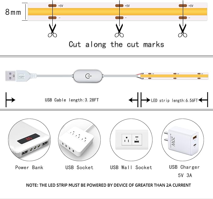 UVTaoYuan Led Strip Lights 5V USB 6.56ft/2m 640 LEDs Touch stepless Dimmable - Image 8