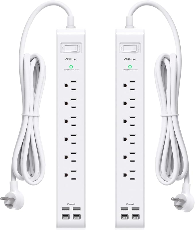 2 Pack Power Strip, 15FT Long Extension Cord, Surge Protector by Mifaso