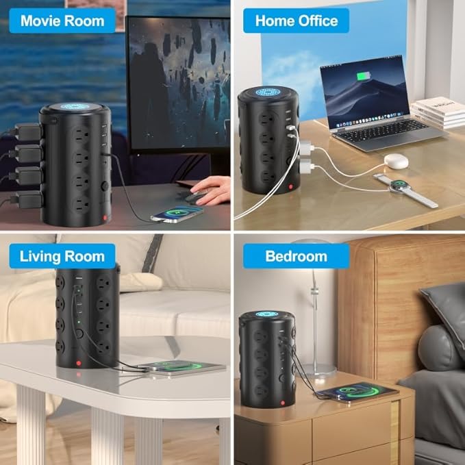 Tower Power Strip with 15W Wireless Charger, 15FT Extension Cord with Multiple - Image 5