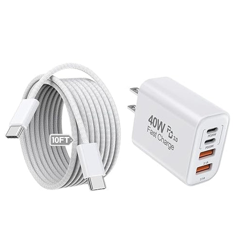 10Foot USB C-C Woven Fast Charging Cable, Apple 40W 4 Port USB C Wall Charger by Dazana