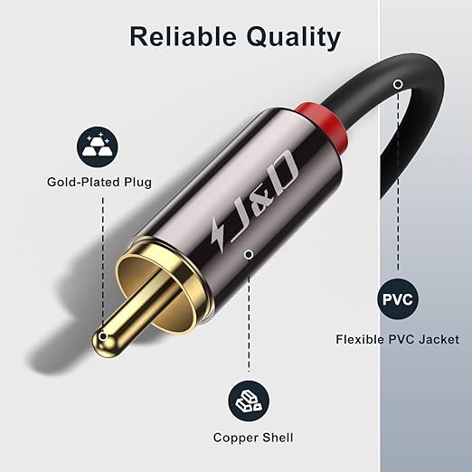 J&D RCA Cable, Copper Shell 2RCA Male to 2RCA Male Stereo Audio Cable, 6 Feet - Image 2