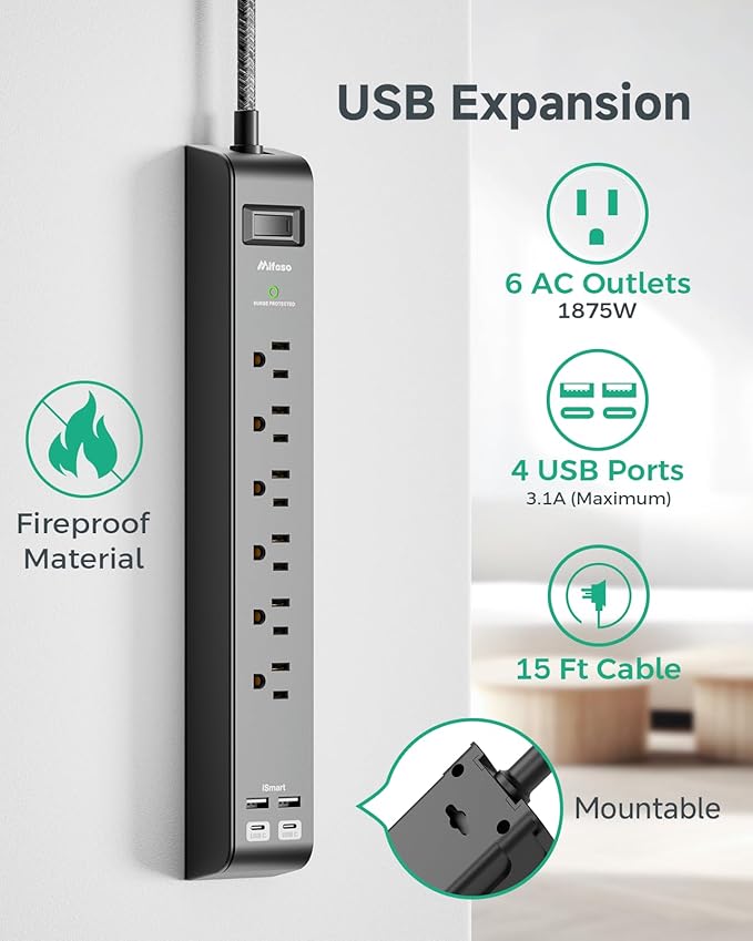 15FT Power Strip Surge Protector - Image 2