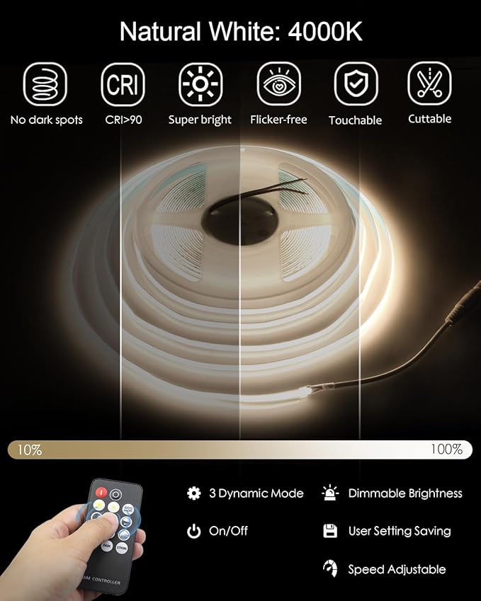 ALITOVE 32.8ft COB LED Strip Light Kit Natural White 4000K Flexible Super - Image 2