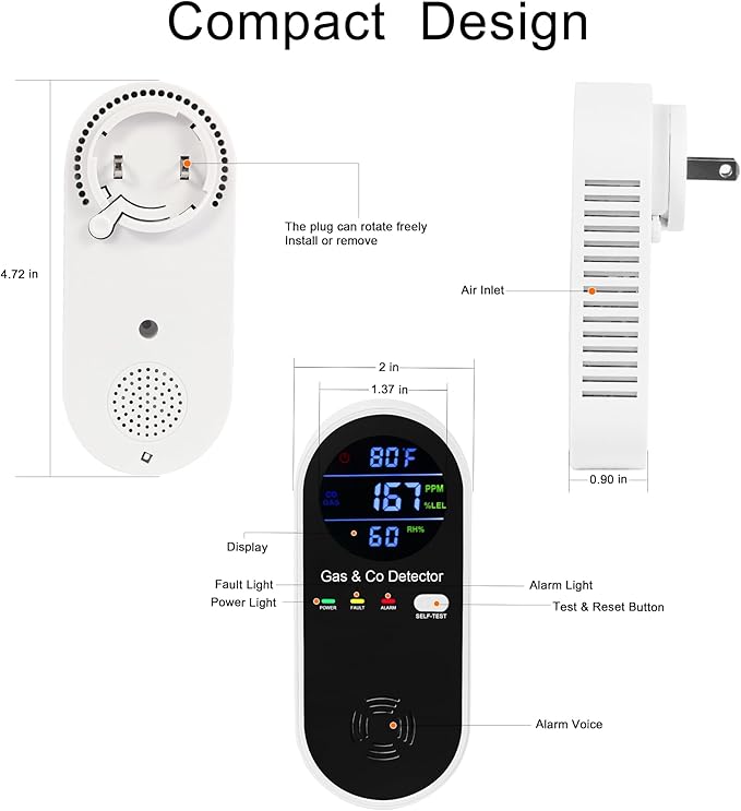 Hembisen Combination Natural Gas Detector & Carbon Monoxide Detector, 4-in-1 - Image 2
