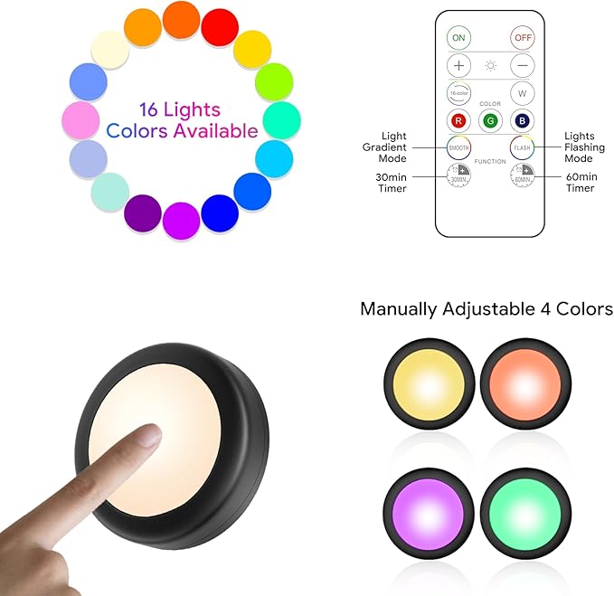 Yiliaw 3 Pack LED Puck Lights Remote Control 16 Color Changeable Under Cabinet - Image 5