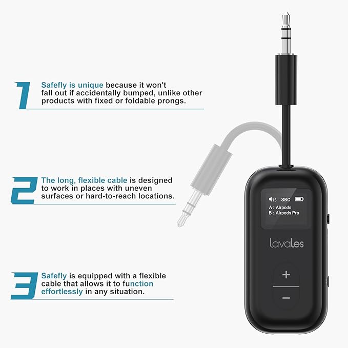 SafeFly Dual Bluetooth Transmitter, 3.5mm AUX Wireless Audio Adapter W/Screen - Image 6