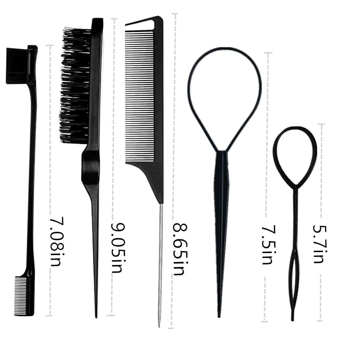 5Pcs Slick Back Brush Set with Topsy Tail Tool, Teasing Bristle, Rat Comb - Image 7