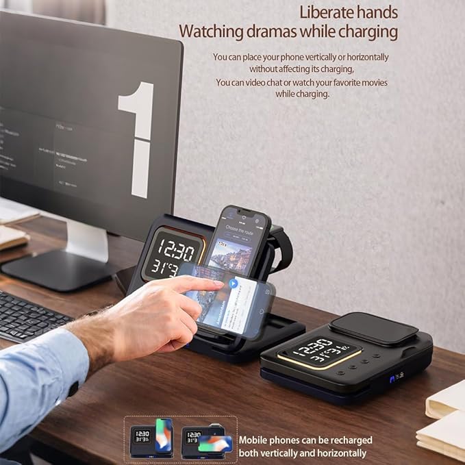 IHAO 5in1 Multi Functional Wireless Charging Station Digital Clock 15W Fast - Image 7