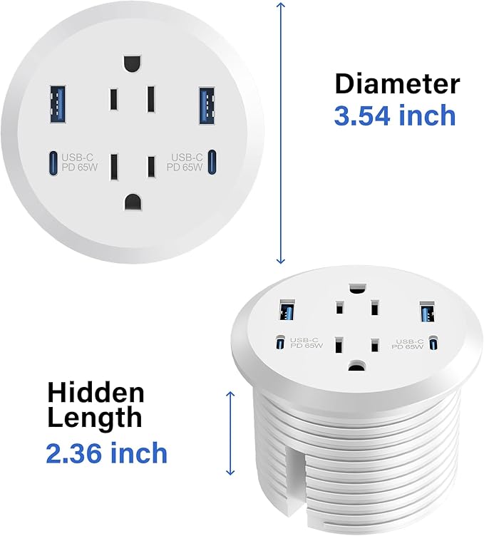 Desktop Power Grommet, 65W USB C Fast Charging, Flush Mount Recessed Power - Image 7