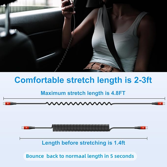 KIYODA Coiled USB C Cable for Car 3FT & 6FT, USB C to USB C Fast Charging Cable - Image 7