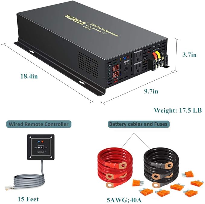 WZRELB 5000W 24VDC 120VAC Pure Sine Wave Power Inverter, 2 AC Outlets, Wired - Image 8