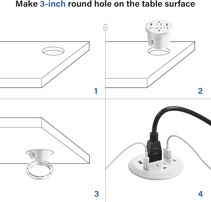 Desktop Power Grommet, 65W USB C Fast Charging, Flush Mount Recessed Power - Image 5