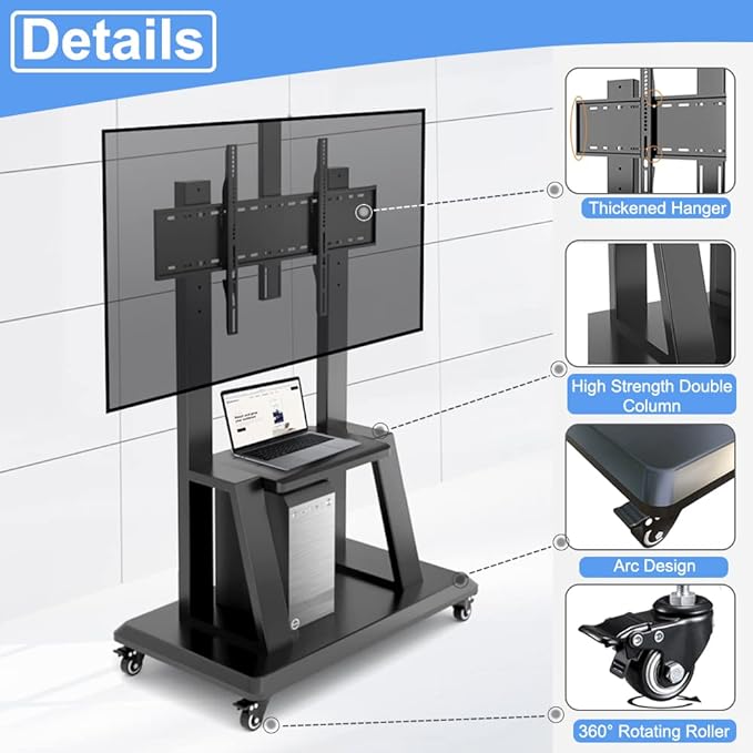 Hellsehen Mobile TV Stand, Rolling TVs Cart on Wheels Height Adjustable - Image 3