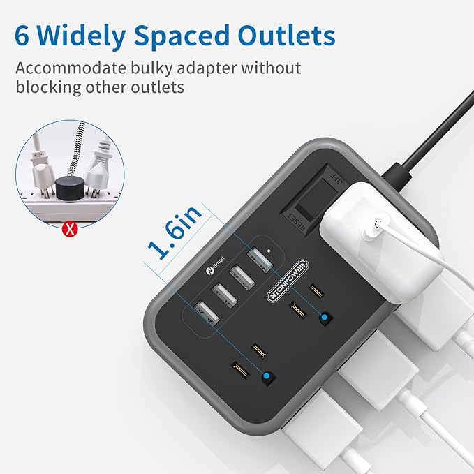2 Pack Power Strip with 6 Outlets and 4 USB, NTONPOWER Flat Plug Extension Cord - Image 3