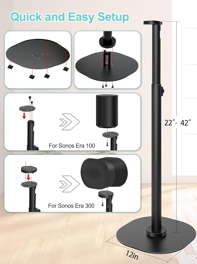 Haturi Speaker Stand Single for Sonos ERA 300 & 100, Height Adjustable 22”–42” - Image 6