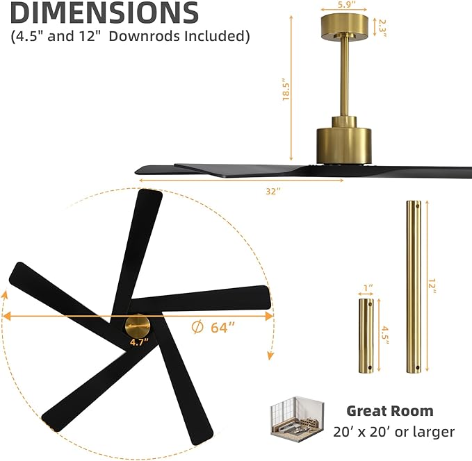 WINGBO 64" ABS DC Ceiling Fan No Light, 5 Blade ABS Plastic Ceiling Fan - Image 4